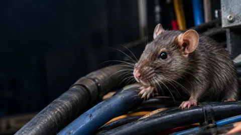 Rat sur des câbles dans un local technique